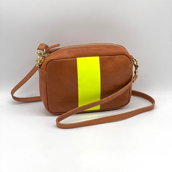 CLARE V Midi Sac Tan Nappetto Stripe Leather Crossbody Bag Women Neon Yellow NEW - Picture 2 of 16